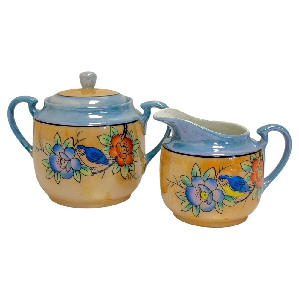 Vintage 1950s Handmade In Japan Lusterware Sugar Bowl & Creamer Bird‎ Floral